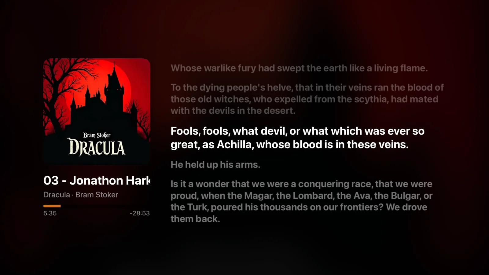 Captions in Voca on Apple TV, the narration scrolling beside the cover with the sentence being read highlighted